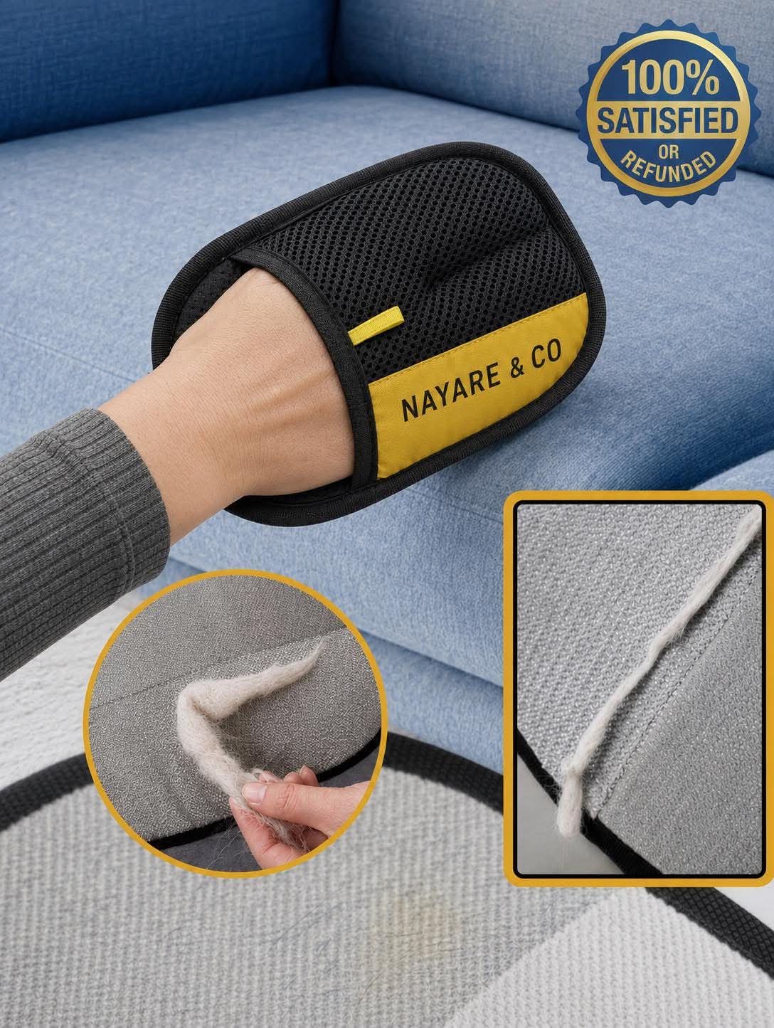 Hand wearing the reusable pet hair removal glove, lifting cat and dog hair from a fabric sofa