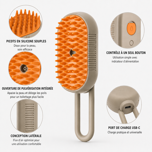 Brosse vapeur pour chien et chat NAYA PARIS - caractéristiques : picots silicone, pulvérisation, bouton unique, charge USB-C