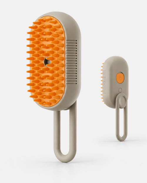 Brosse vapeur NAYA PARIS vue de face et de profil, picots silicone orange
